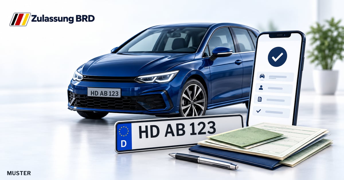 Online Fahrzeugzulassung in Oftersheim: Musterkennzeichen HD AB 123, Auto und Fahrzeugpapiere und Smartphone. Illustration mit Logo von Zulassung BRD.